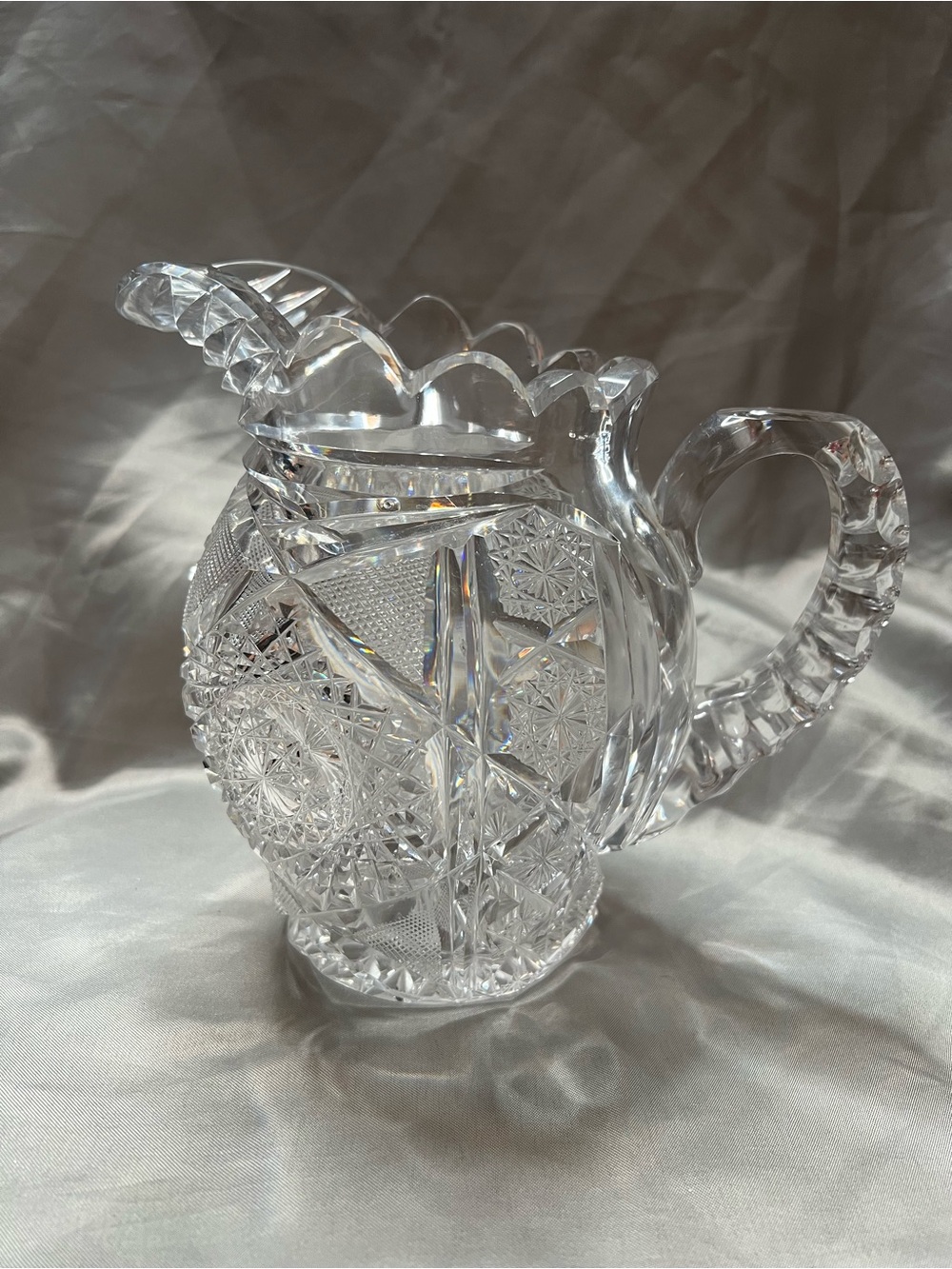 Antique ABP Cut Glass Crystal Pitcher - Hobstar & Fan Pattern - Small Chip